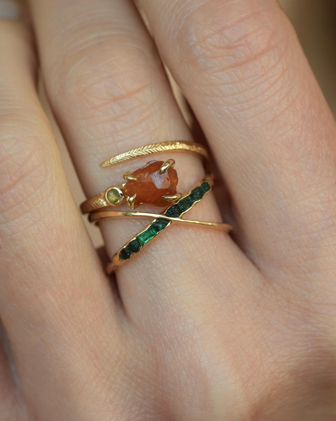 Raw Emerald Gold X Ring