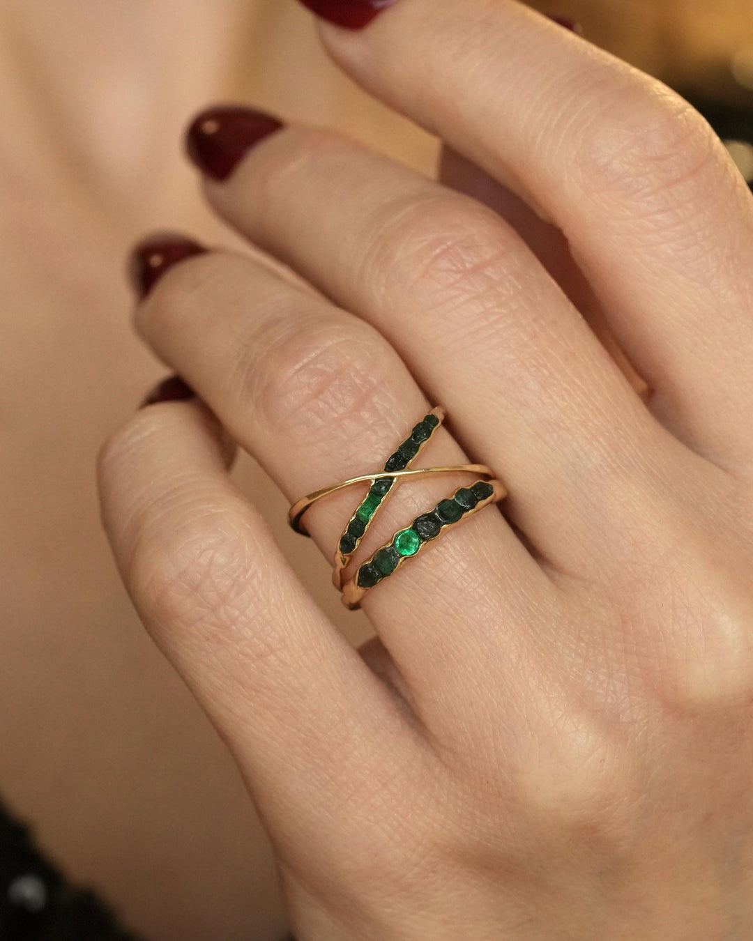 Raw Emerald Gold X Ring