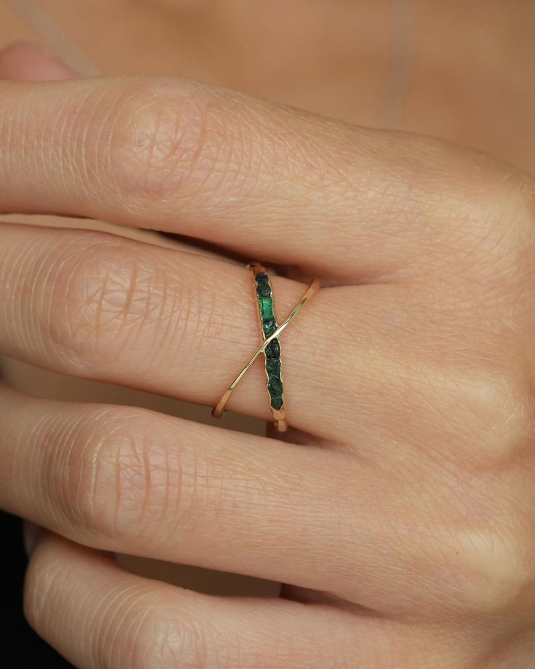 Raw Emerald Gold X Ring
