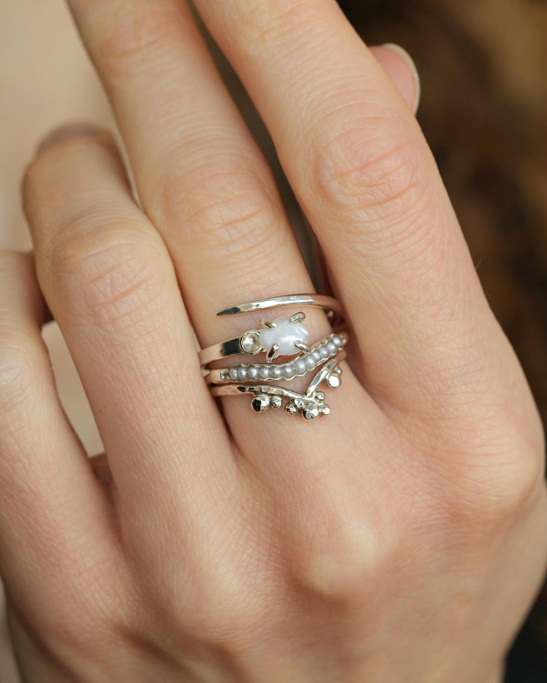 White Freshwater Pearl Wave Ring