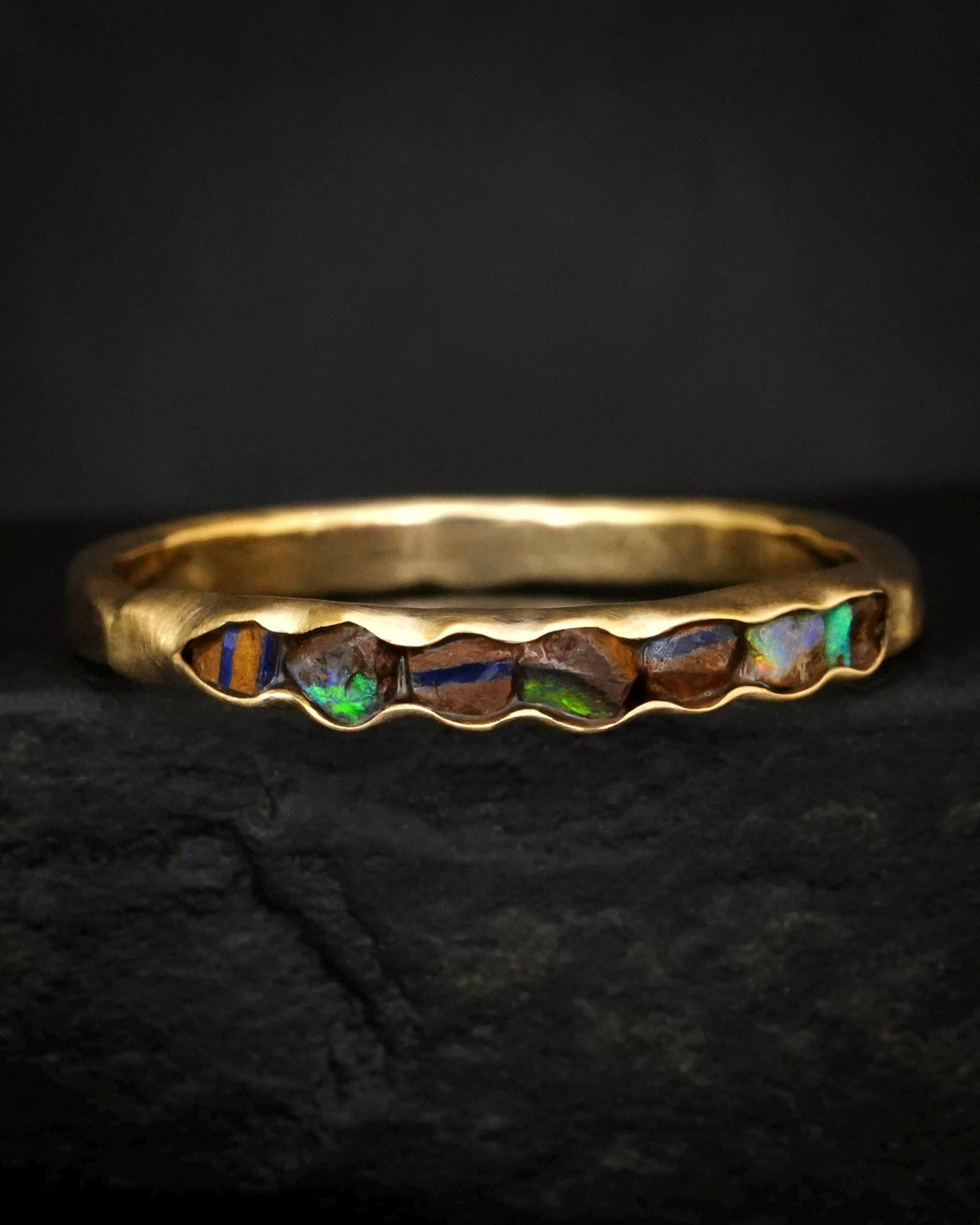 Raw Australian Boulder Opal Band Ring, Unique Wedding Jewelry
