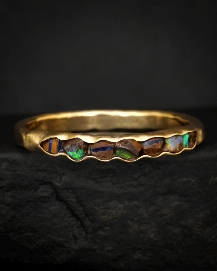 Raw Australian Boulder Opal Band Ring, Unique Wedding Jewelry
