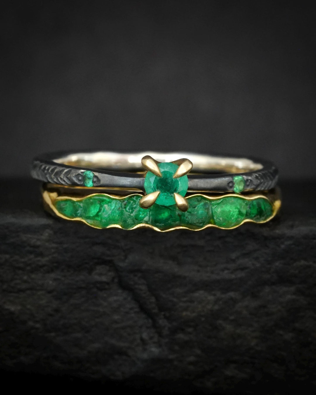 Black Silver Round Emerald Ring