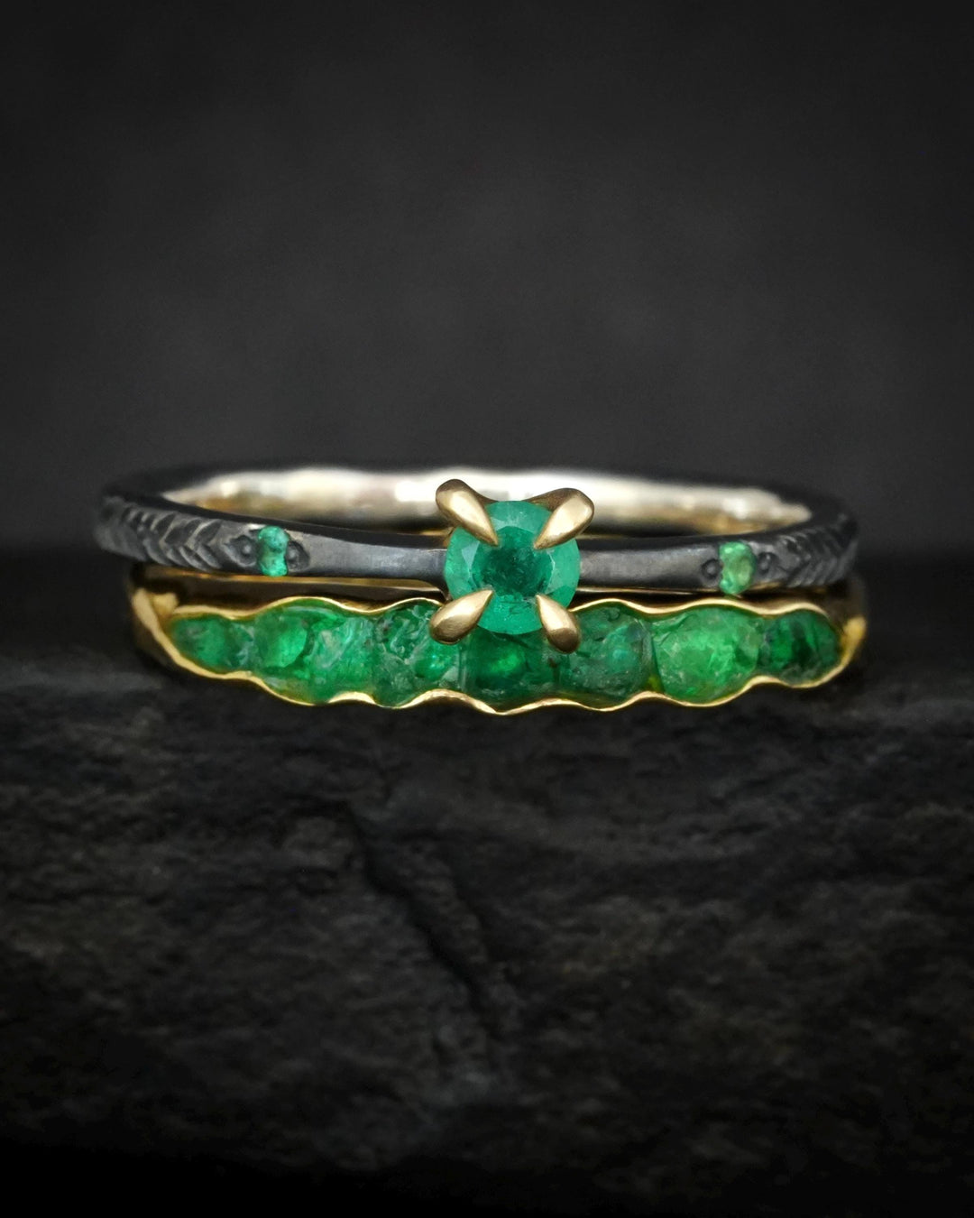 Black Silver Round Emerald Ring