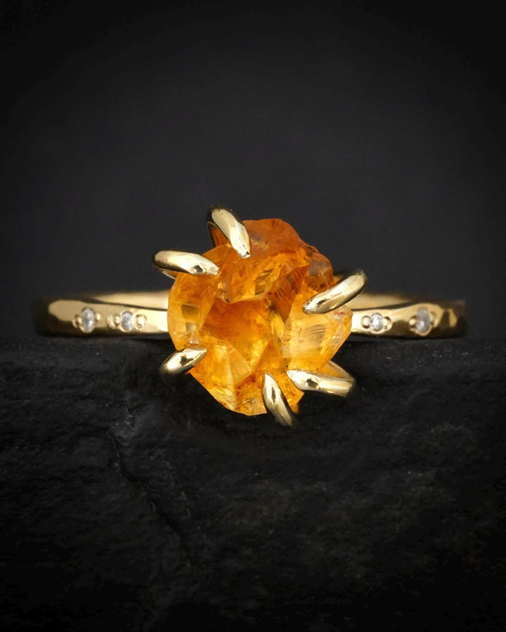 Raw Citrine Crystal and Diamond Ring. Rustic Solid Silver or Gold Hammered 6 Prong Set Natural Uncut Citrine Alternative Engagement Ring
