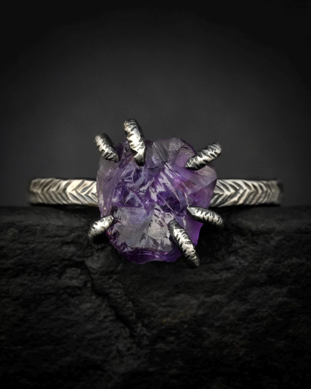 Black Silver Raw Amethyst Ring