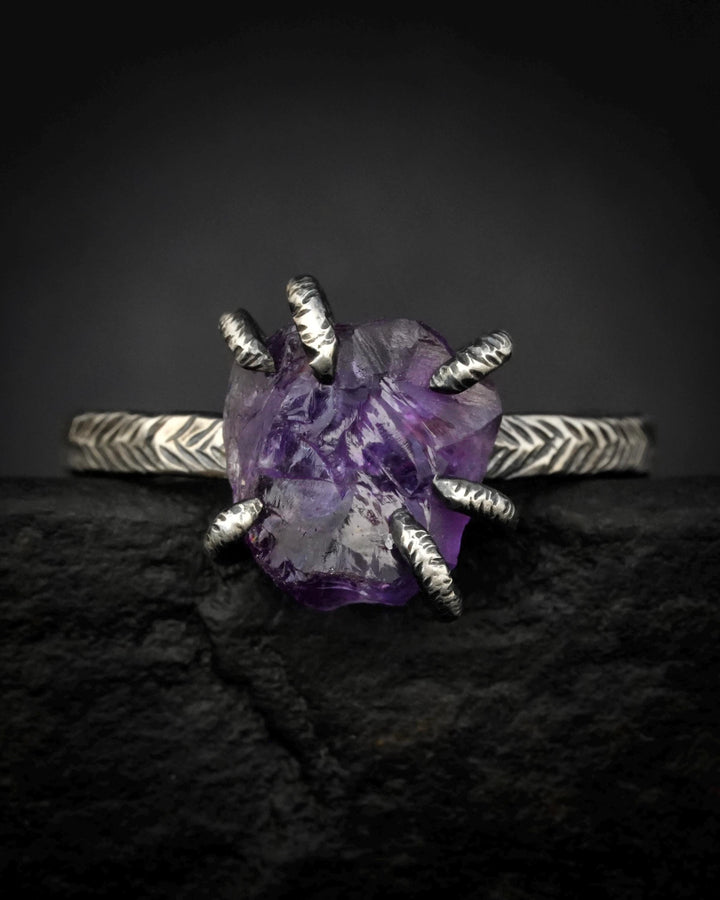 Black Silver Raw Amethyst Ring