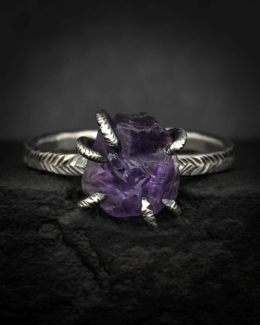 Black Silver Raw Amethyst Ring