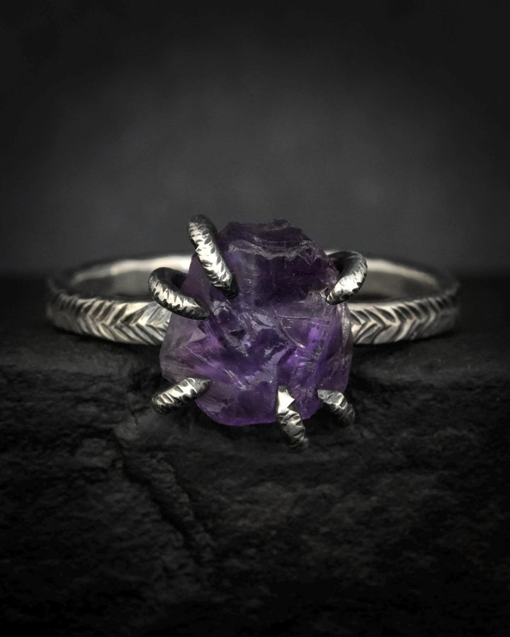 Black Silver Raw Amethyst Ring