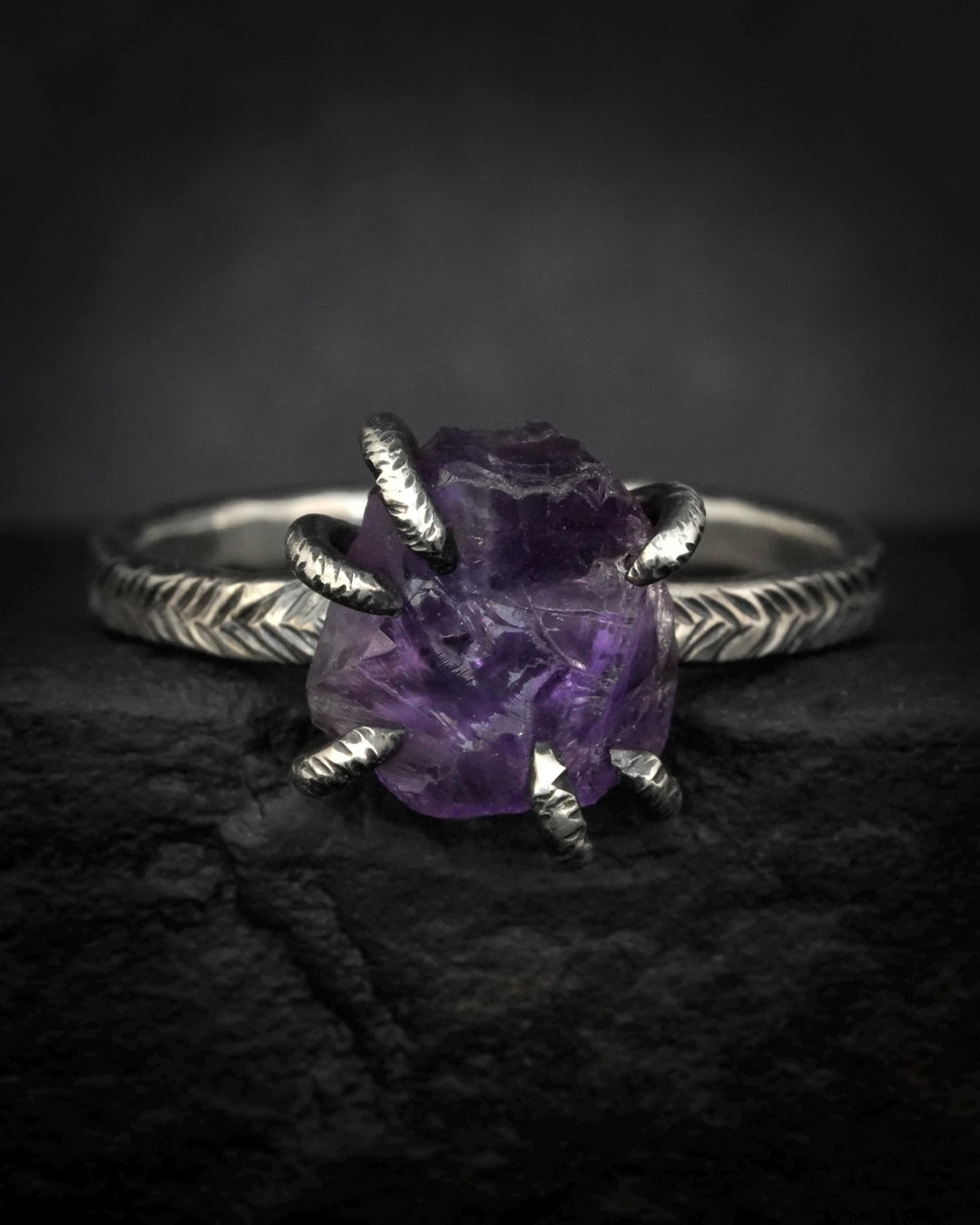 Black Silver Raw Amethyst Ring