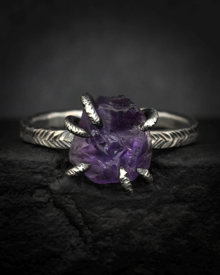 Black Silver Raw Amethyst Ring