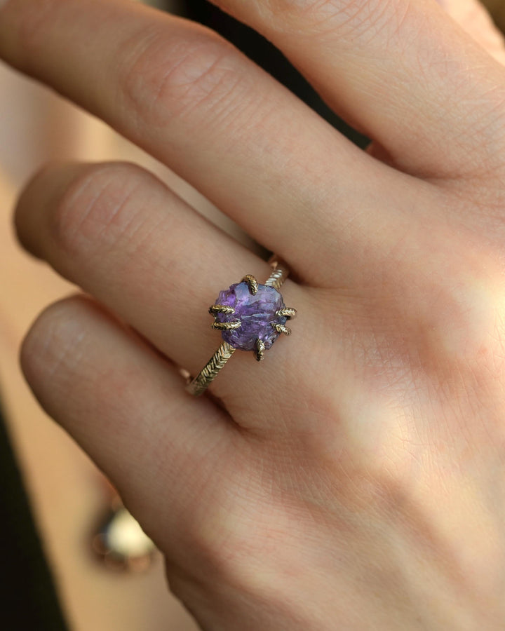 Black Silver Raw Amethyst Ring
