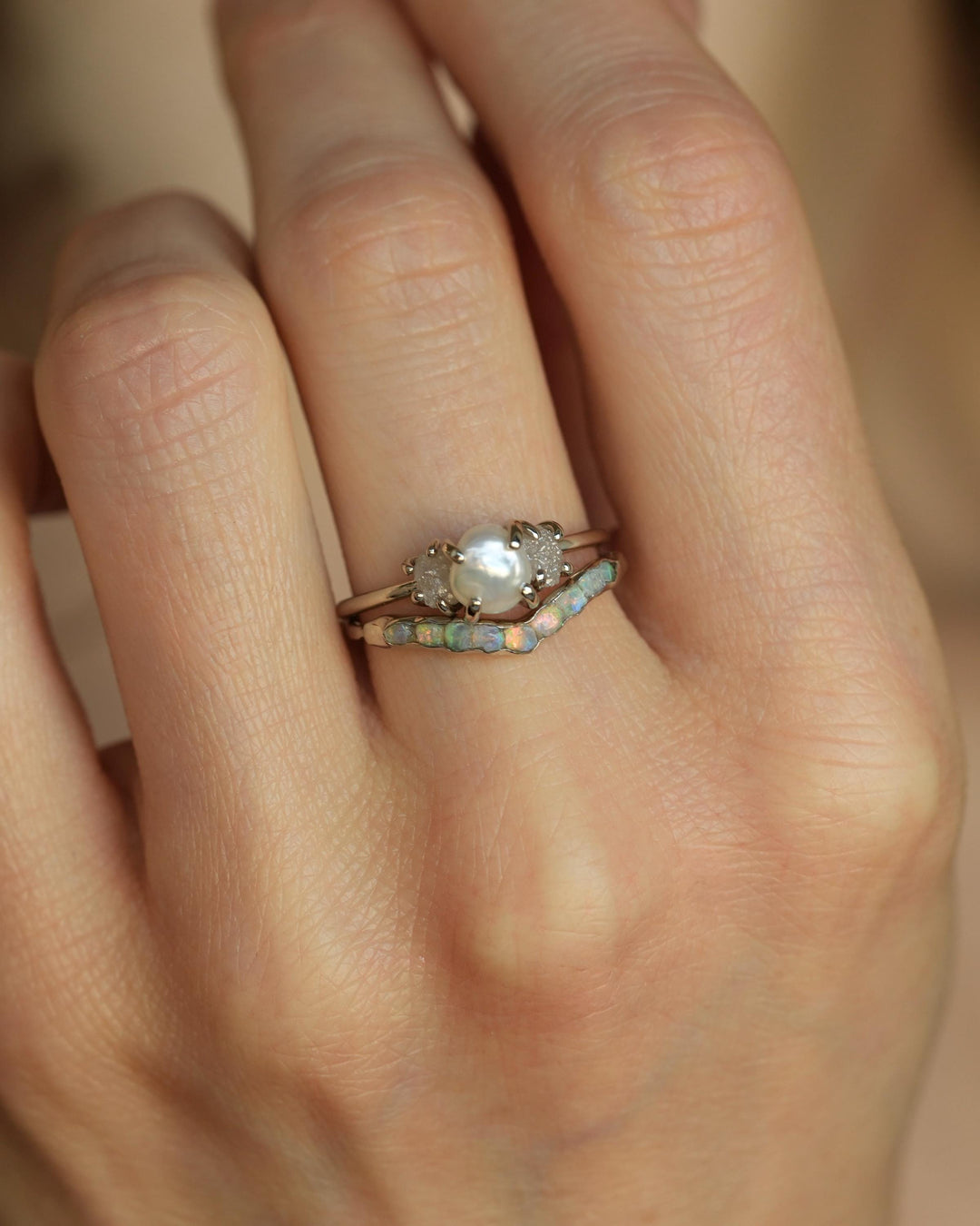 Freshwater Pearl and Raw Diamond Ring