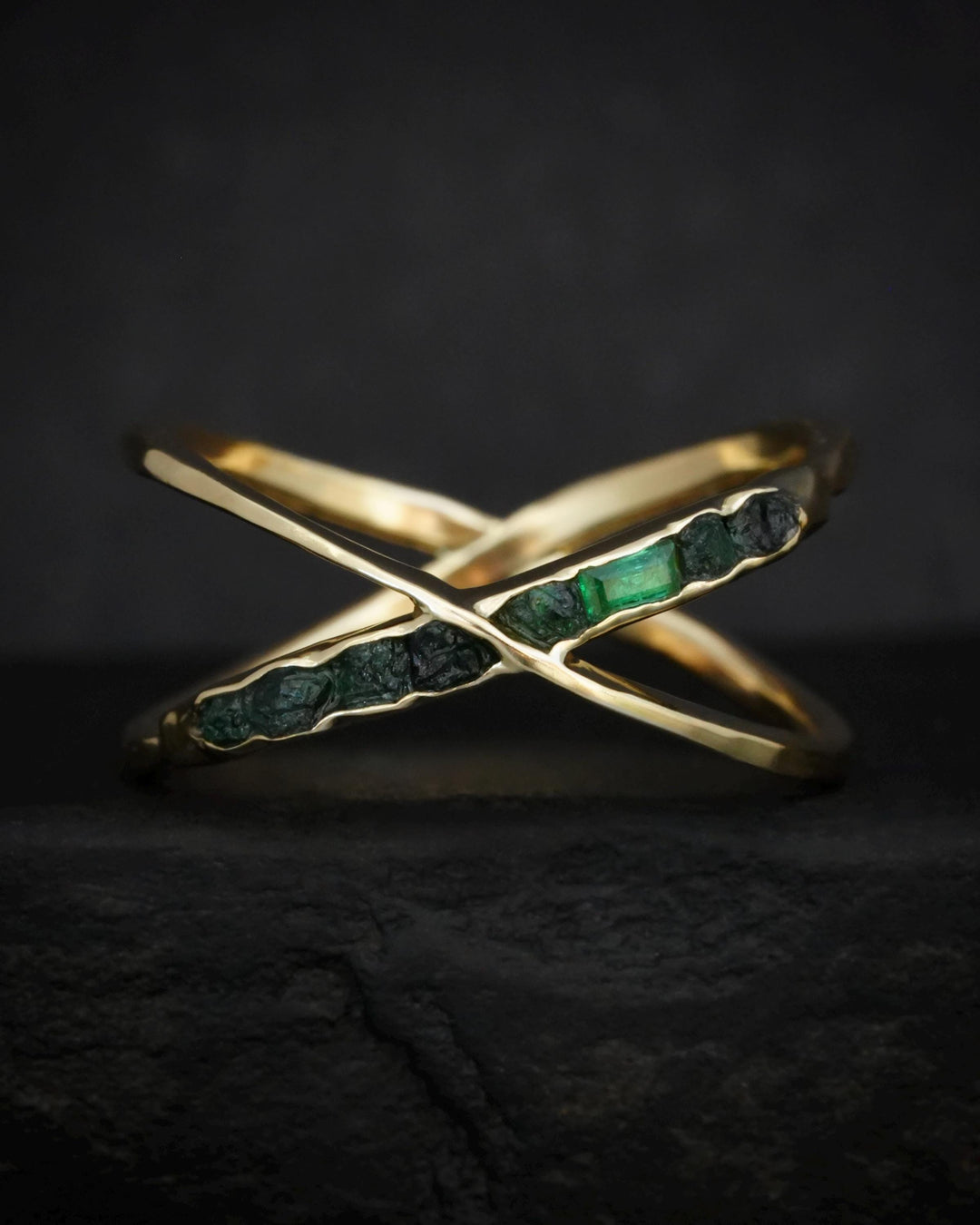 Raw Emerald Gold X Ring
