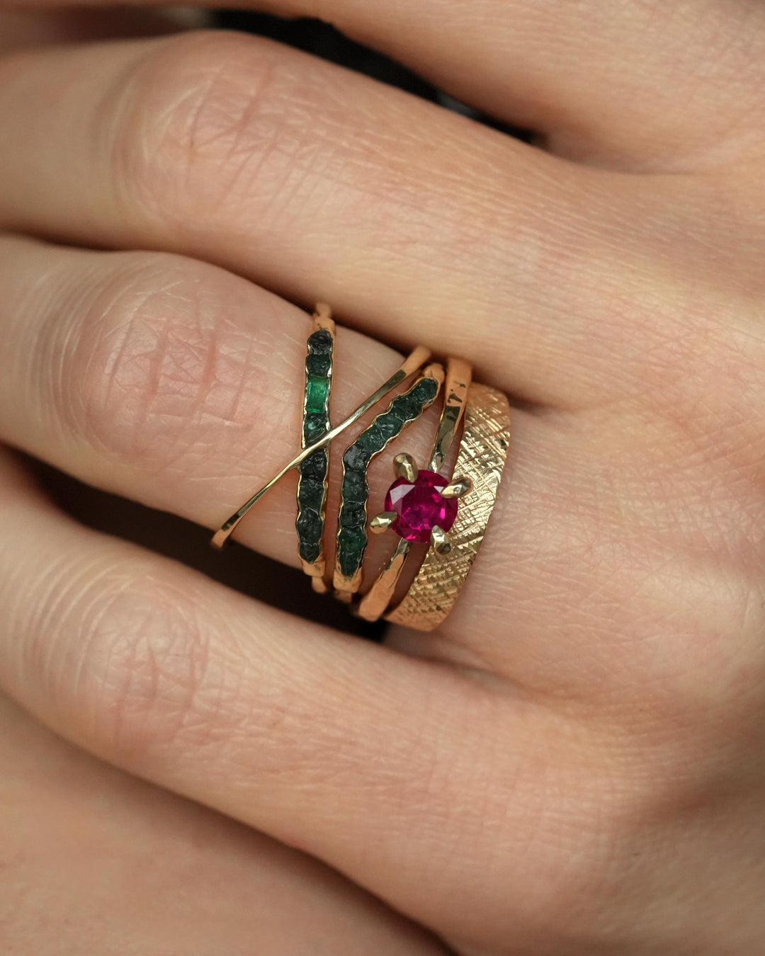 Raw Emerald X Ring