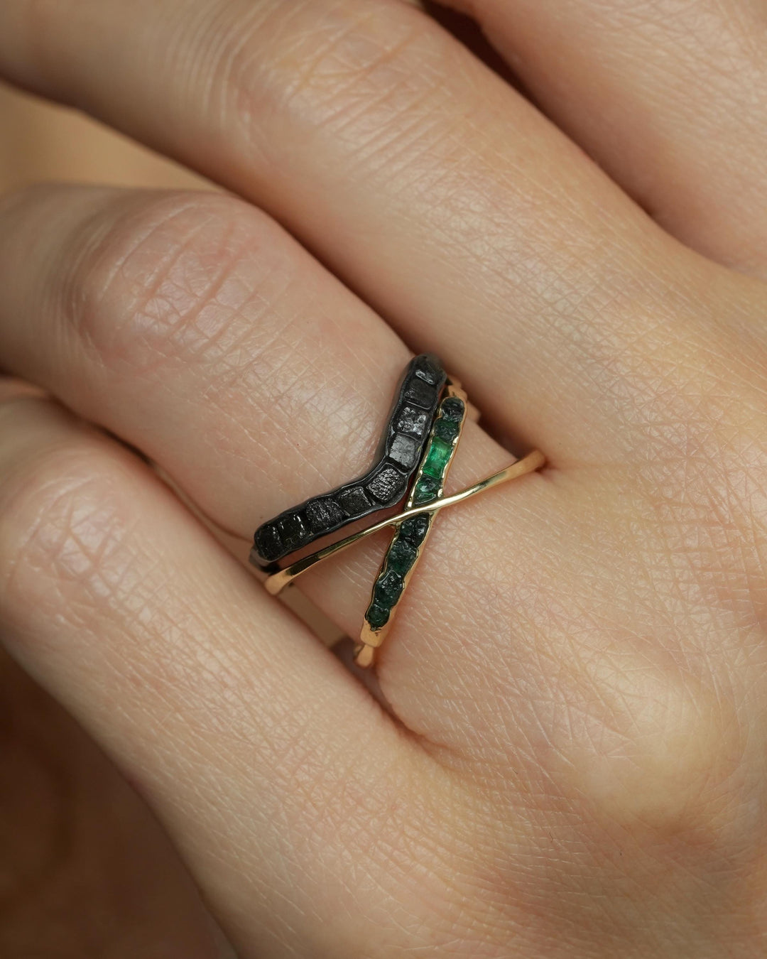 Raw Emerald Gold X Ring