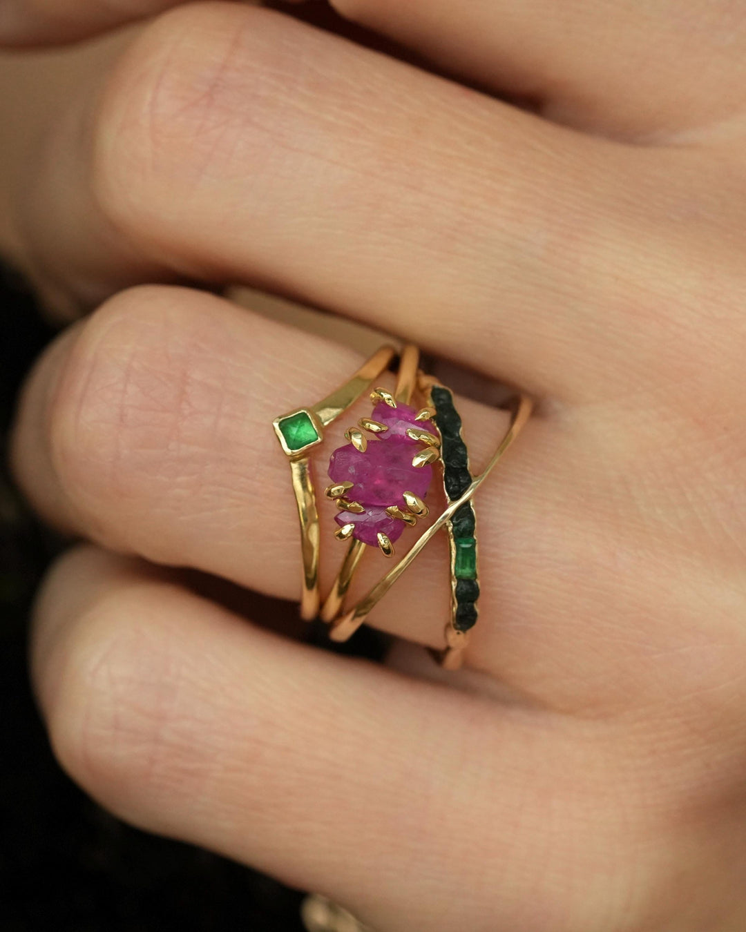 Raw Emerald Gold X Ring