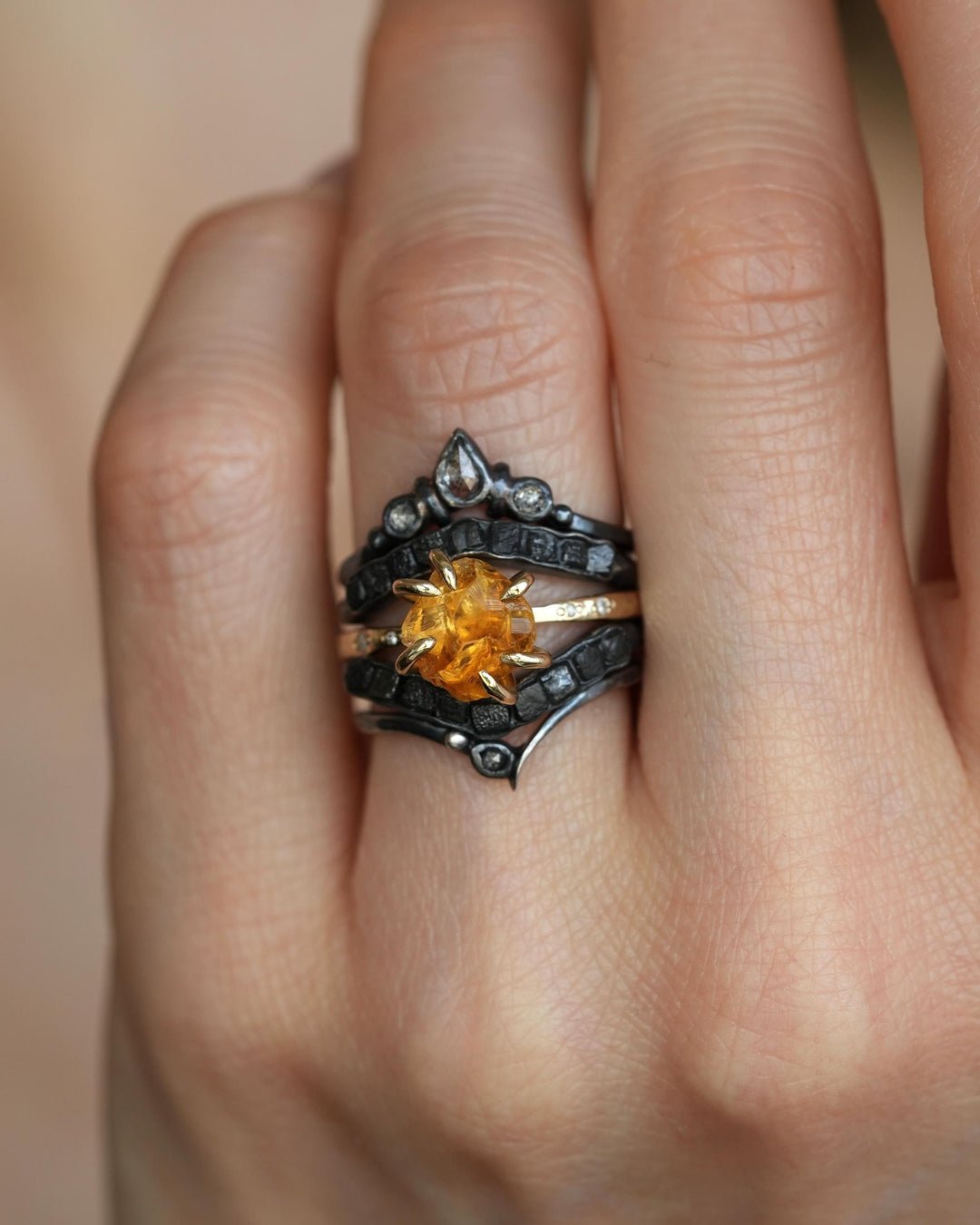 Raw Citrine Crystal and Diamond Ring