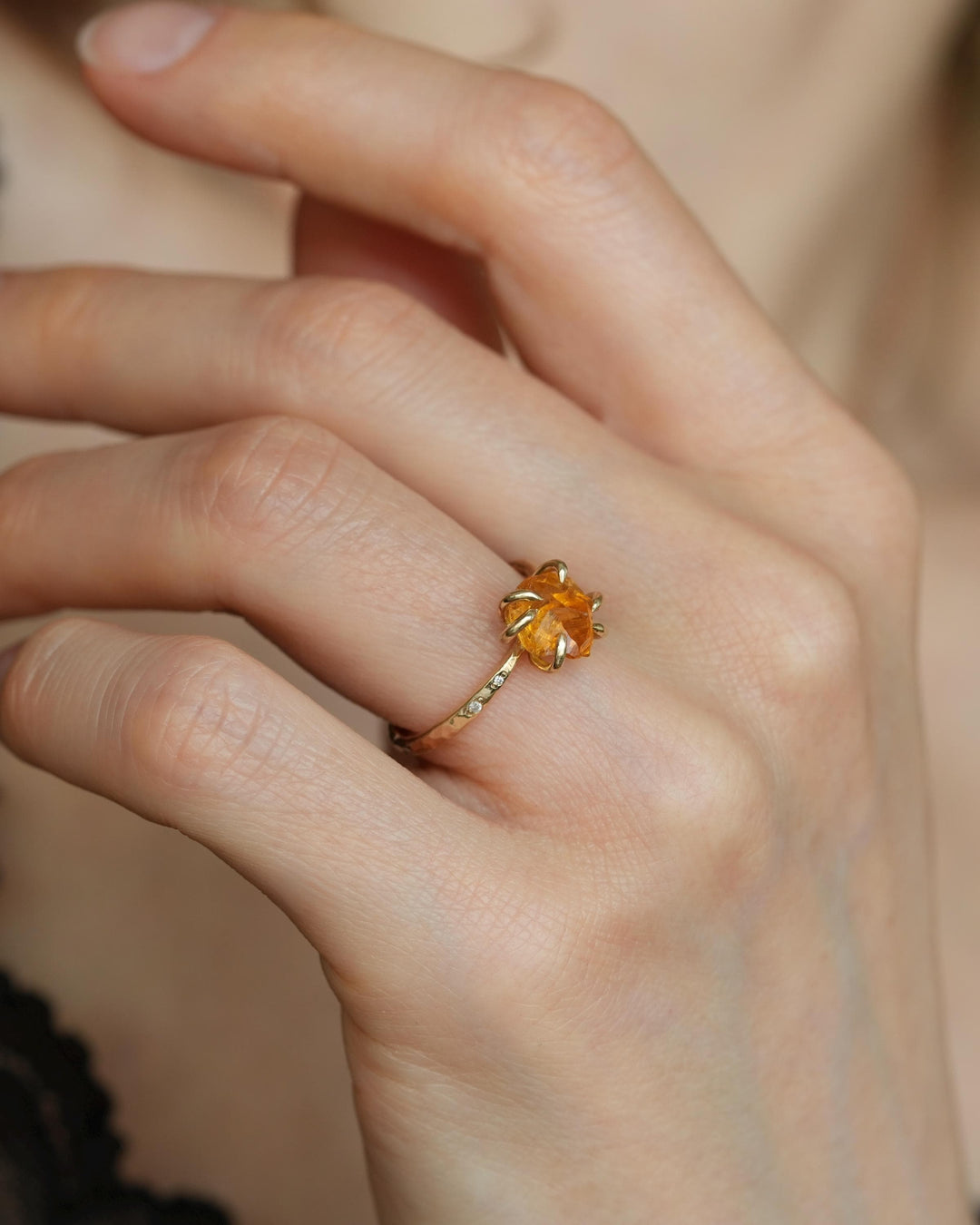 Raw Citrine Crystal and Diamond Ring. Rustic Solid Silver or Gold Hammered 6 Prong Set Natural Uncut Citrine Alternative Engagement Ring