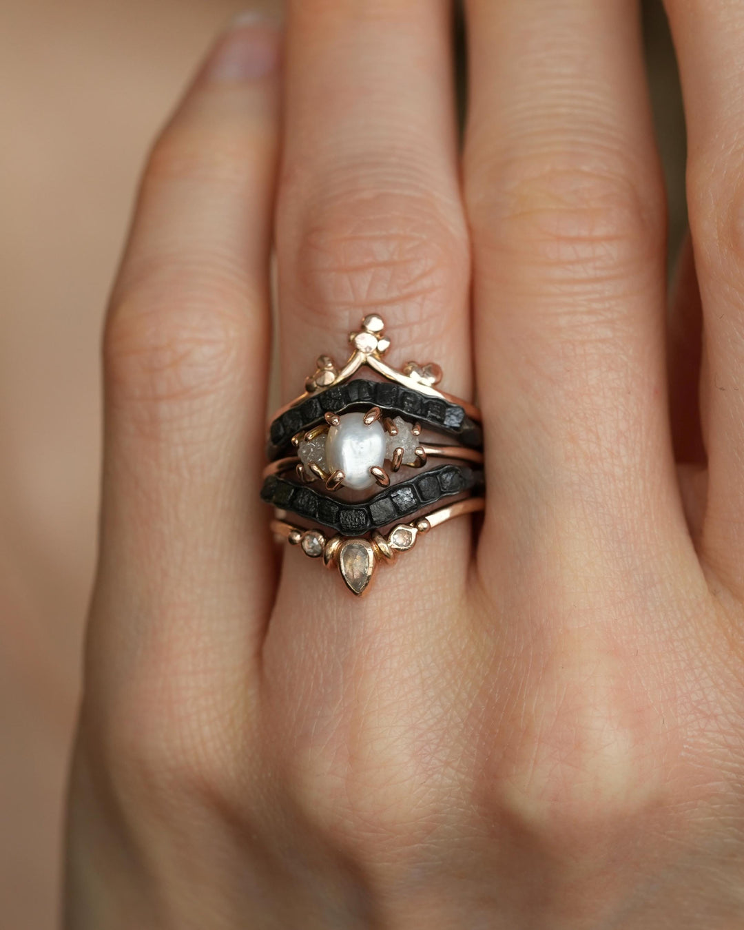 Freshwater Pearl and Raw Diamond Ring