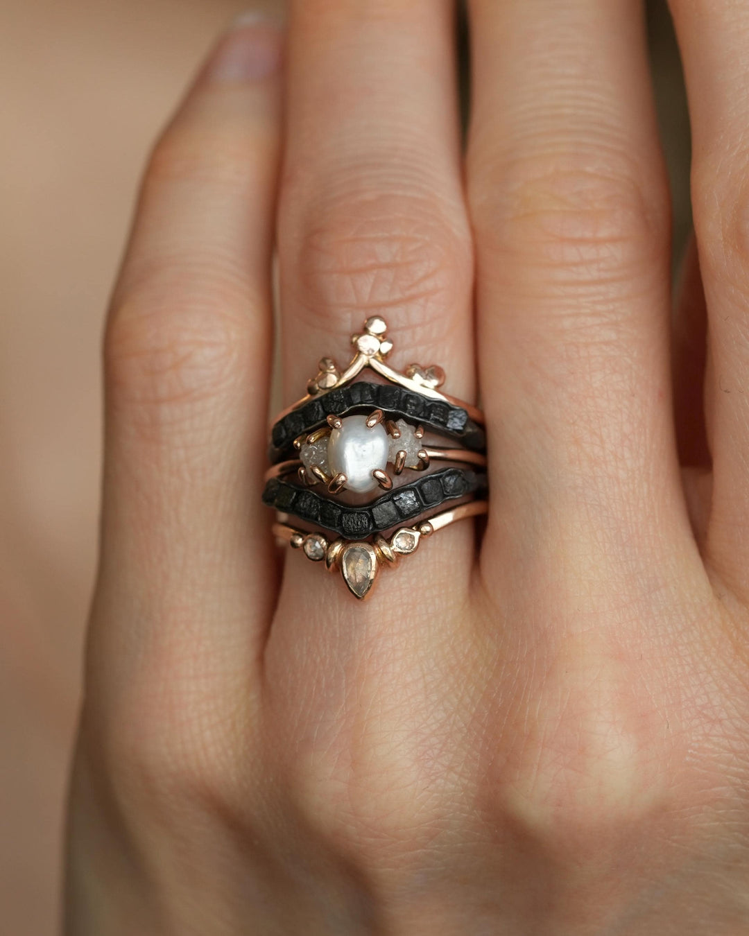 Freshwater Pearl and Raw Diamond Ring