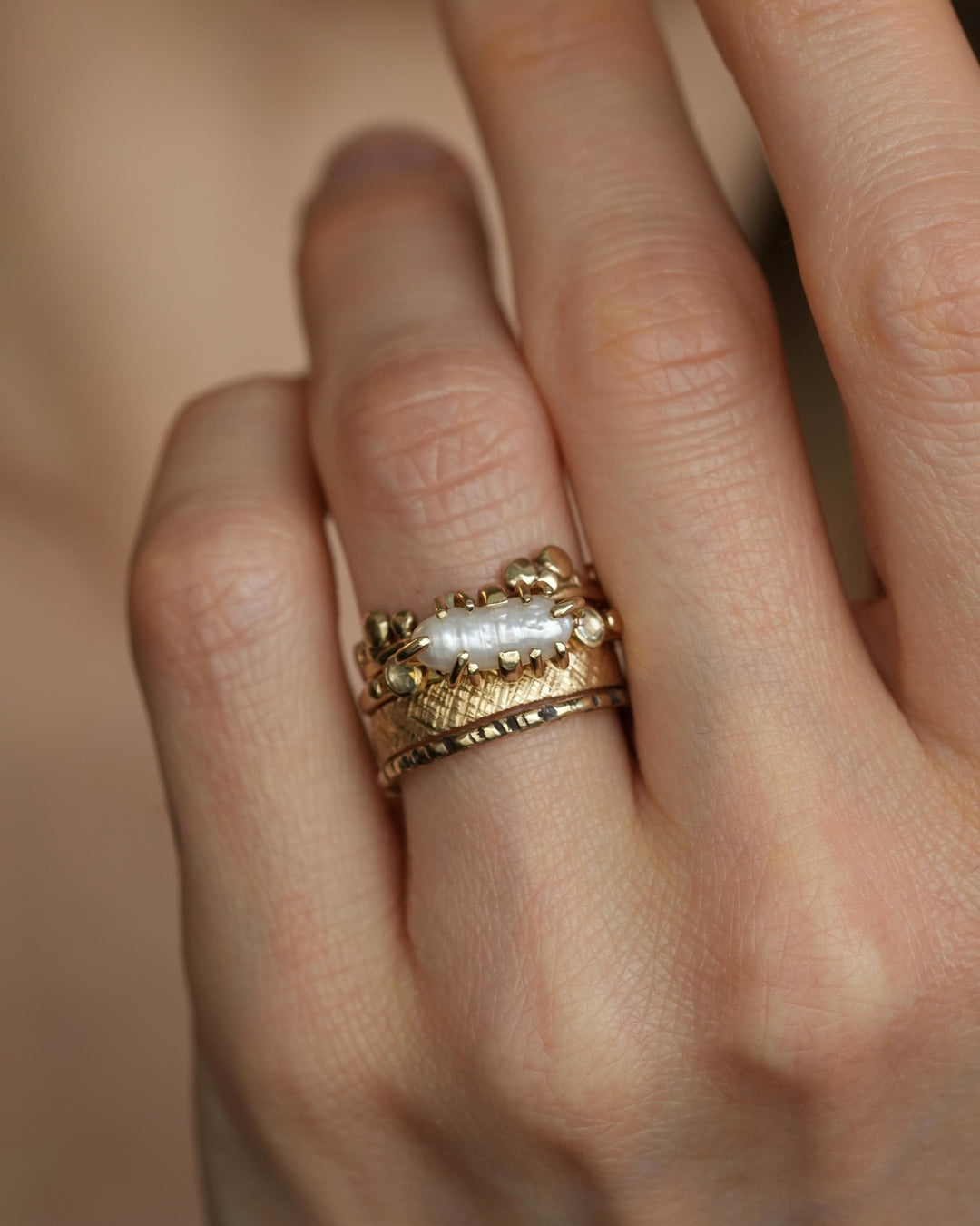 Biwa White Pearl and Diamond Ring