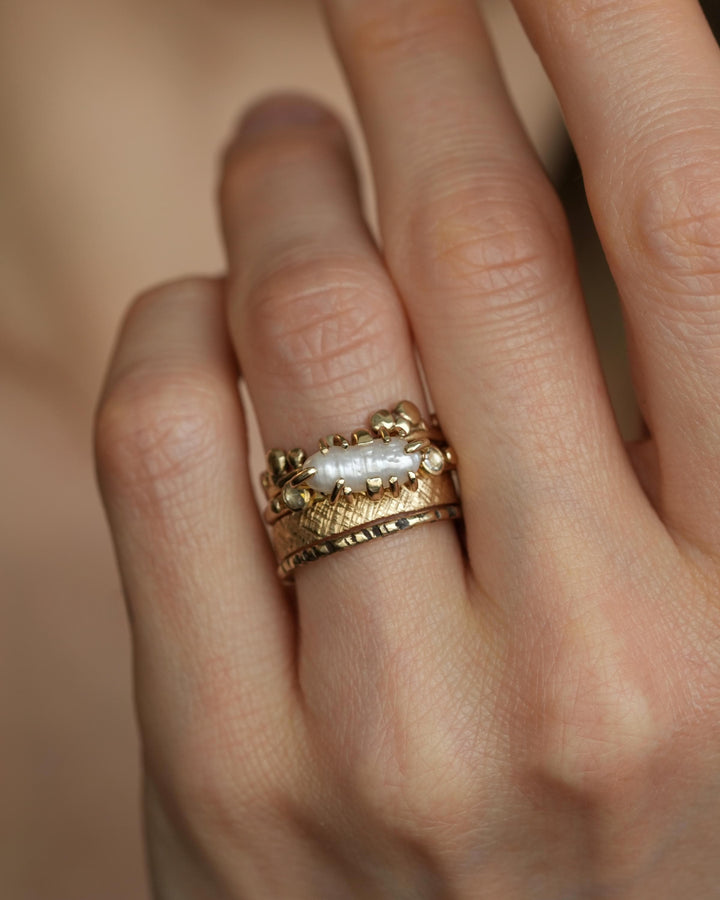 Biwa White Pearl and Diamond Ring