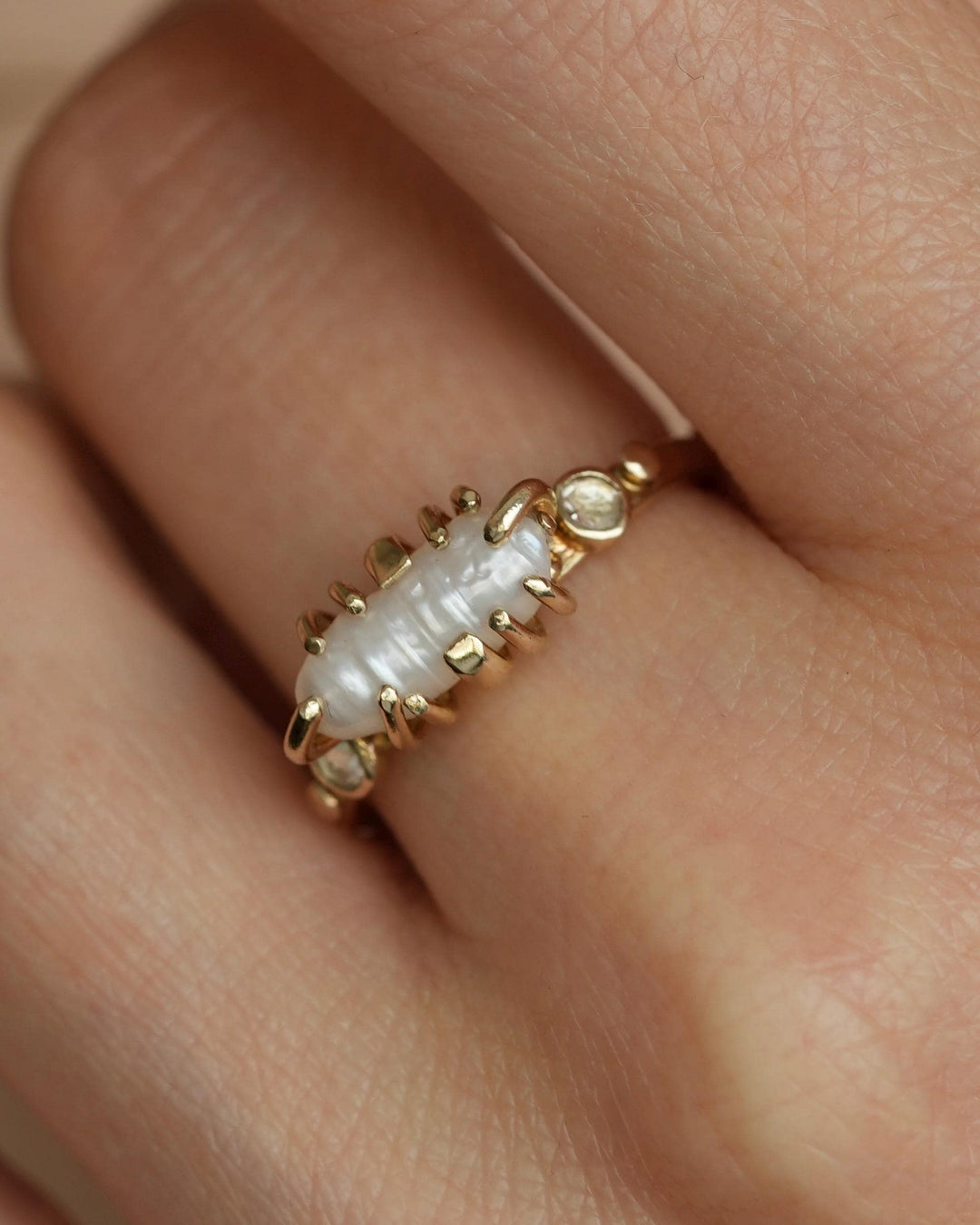Biwa White Pearl and Diamond Ring