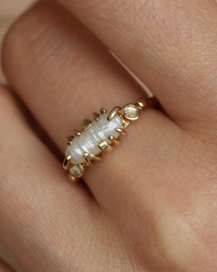 Biwa White Pearl and Diamond Ring
