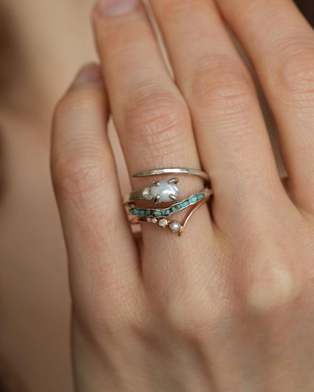 Asymmetrical Dainty Pearl Wave Ring
