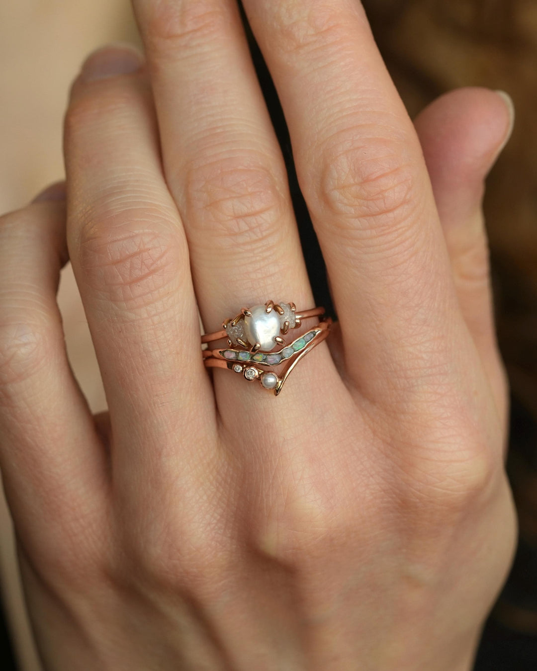 Asymmetrical Dainty Pearl Wave Ring