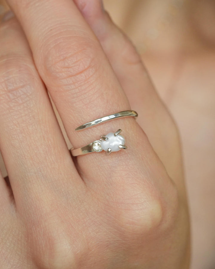 White Pearl and Diamond Ring