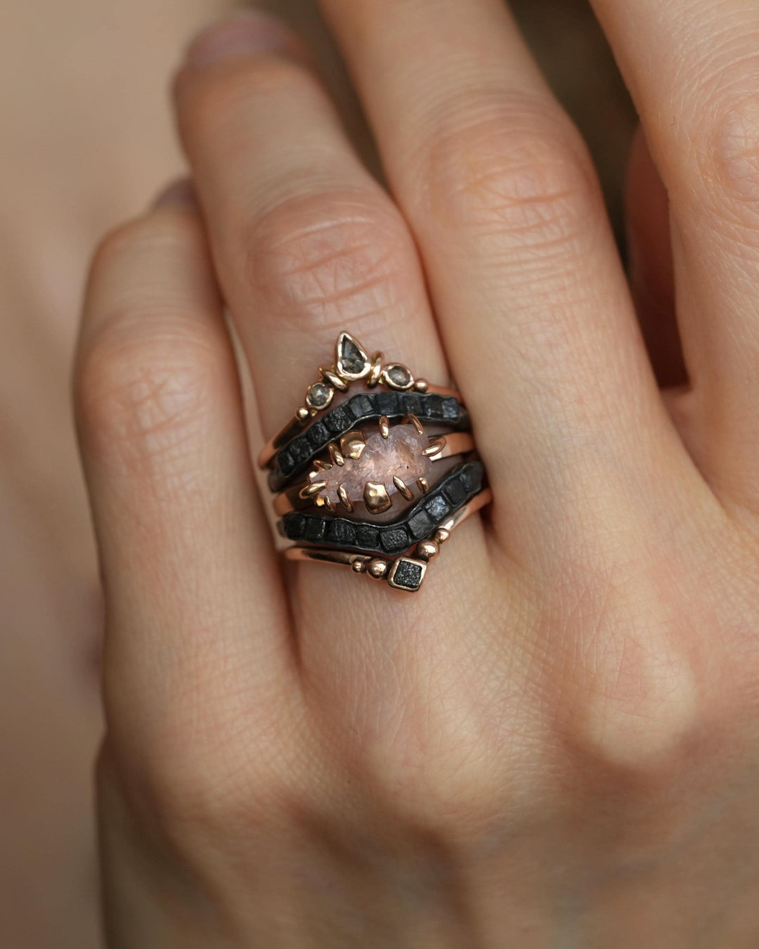Raw Black Cube Diamond Chevron Ring