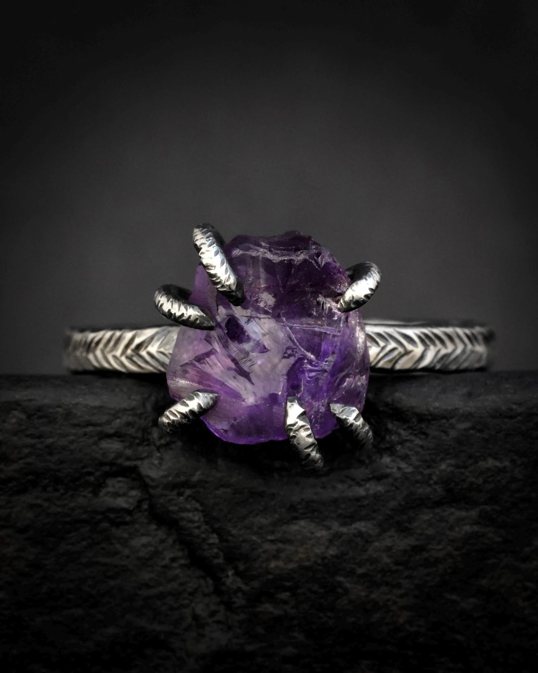 Black Silver Raw Amethyst Ring