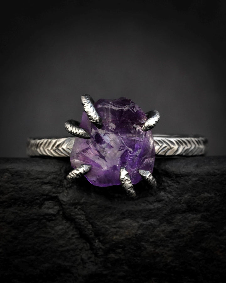Black Silver Raw Amethyst Ring