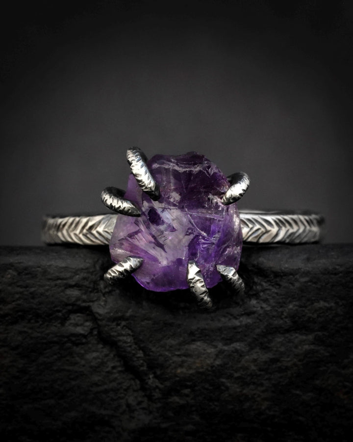 Black Silver Raw Amethyst Ring