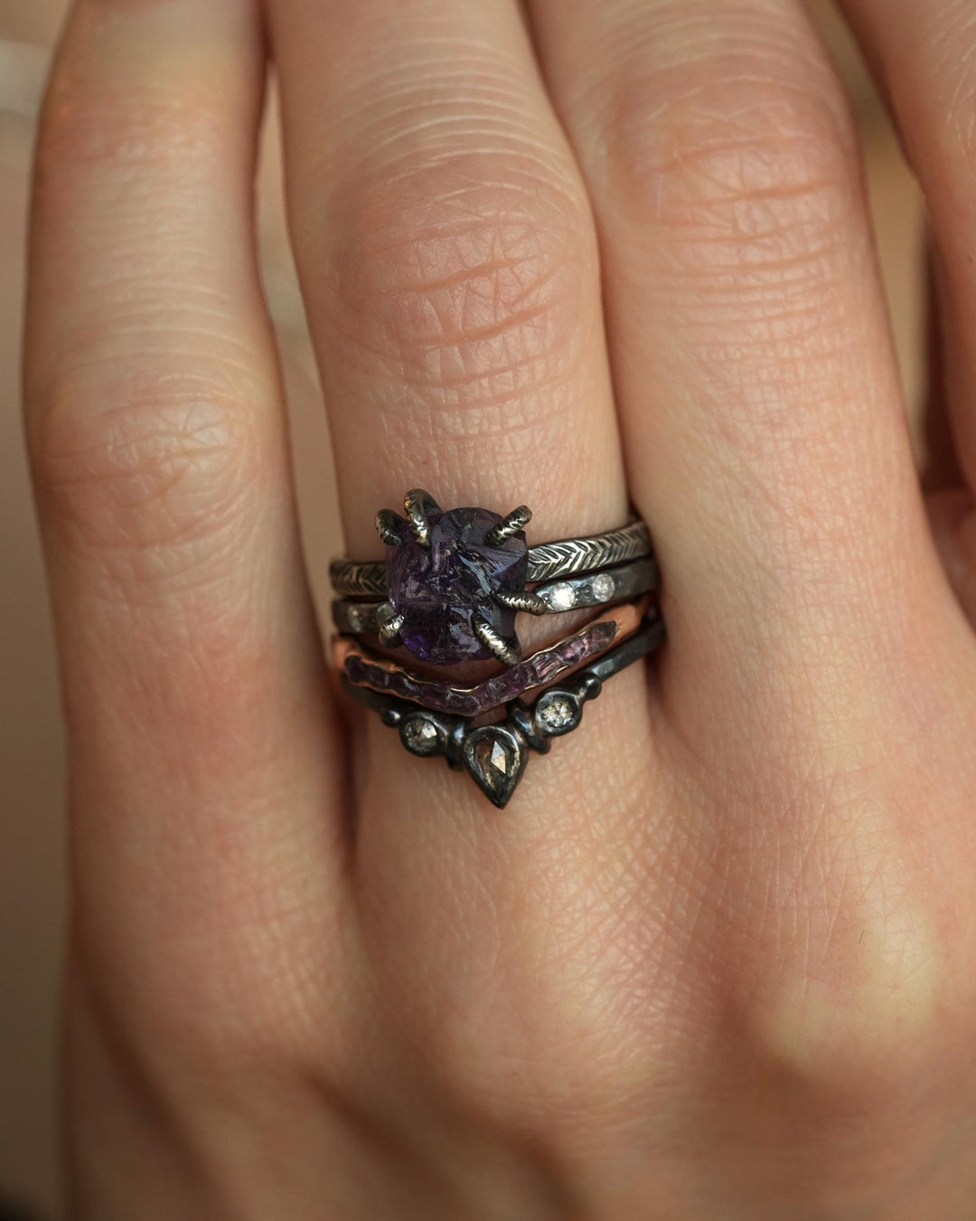 Black Silver Raw Amethyst Ring