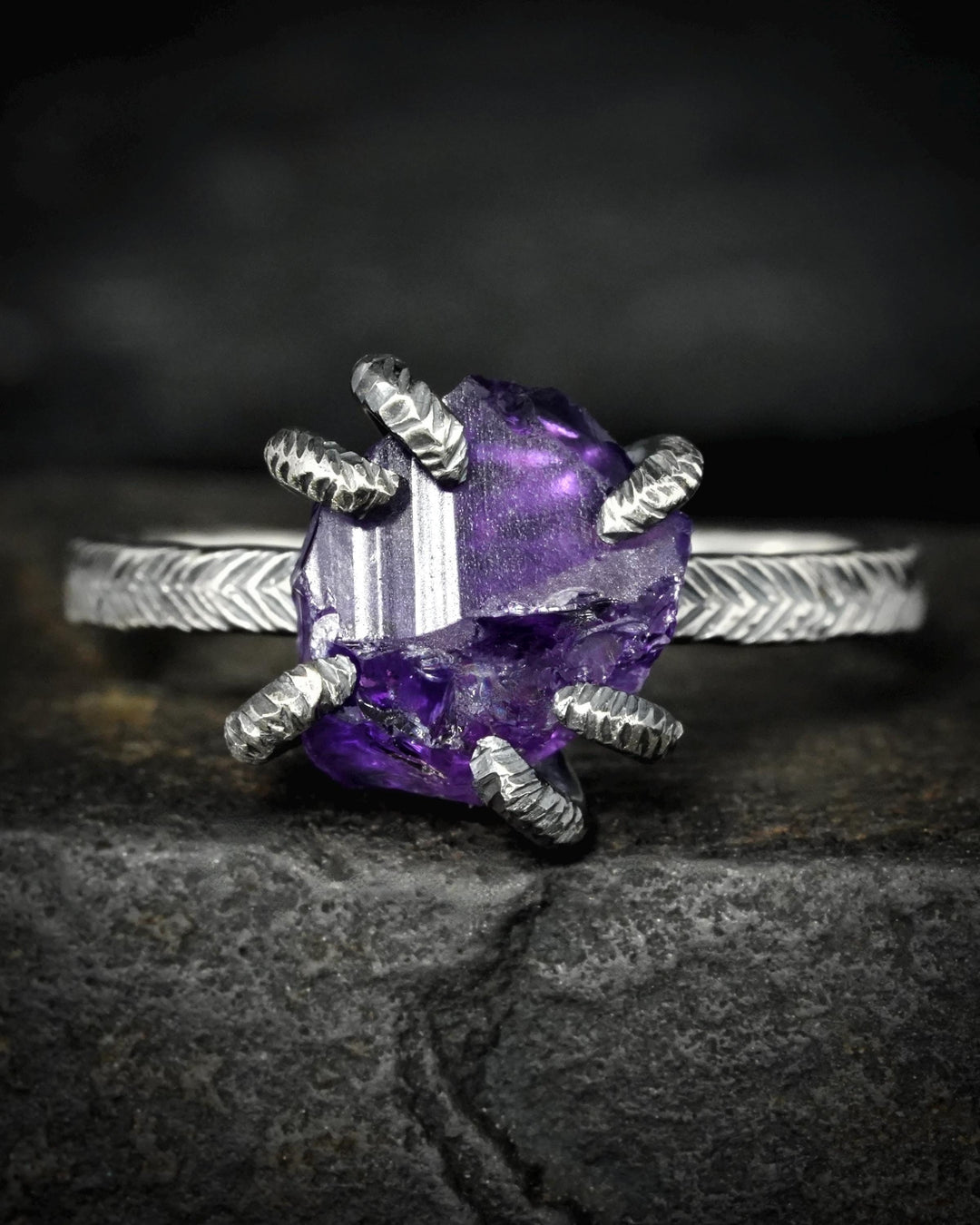 Black Silver Raw Amethyst Ring