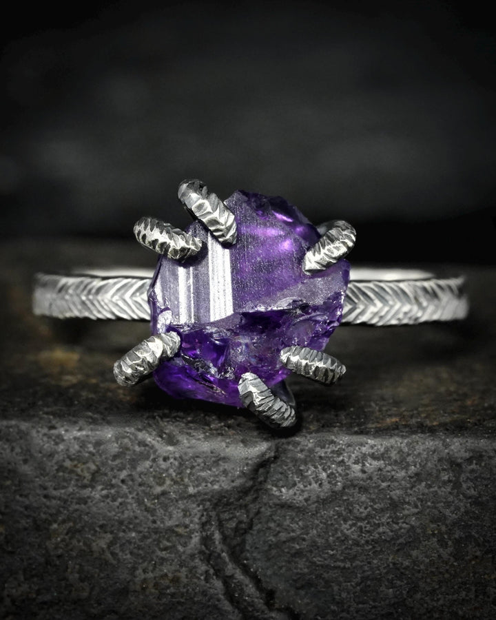Black Silver Raw Amethyst Ring