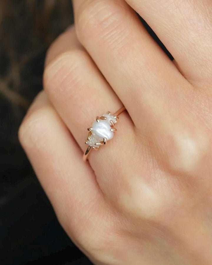 Freshwater Pearl and Raw Diamond Ring