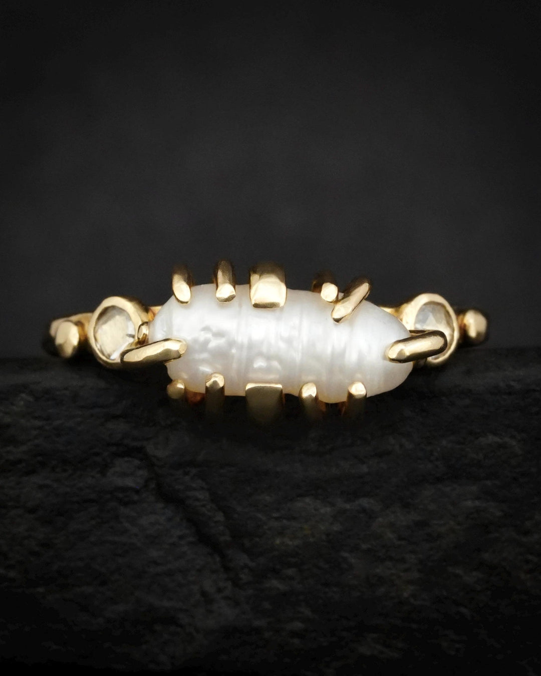Biwa White Pearl and Diamond Ring