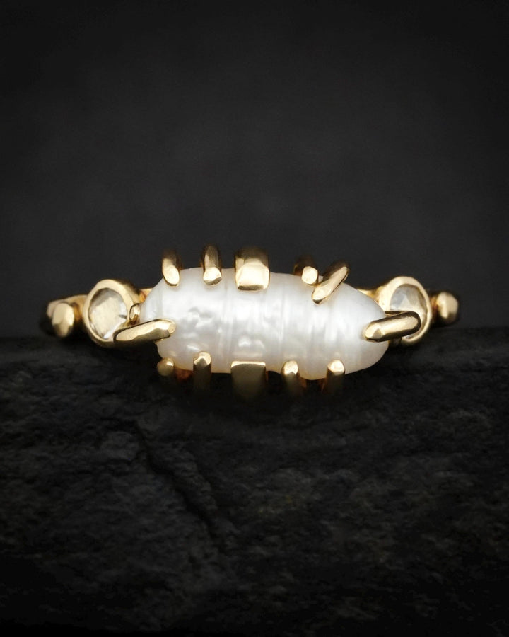 Biwa White Pearl and Diamond Ring