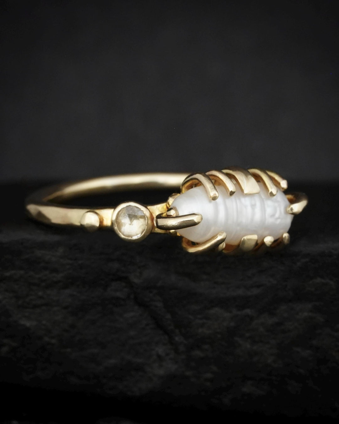Biwa White Pearl and Diamond Ring