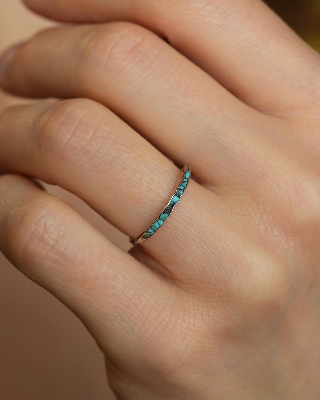Skinny Raw Turquoise Band. Rustic Solid Gold or Silver Uncut Turquoise Alternative Slim Dainty Stacking Wedding Ring