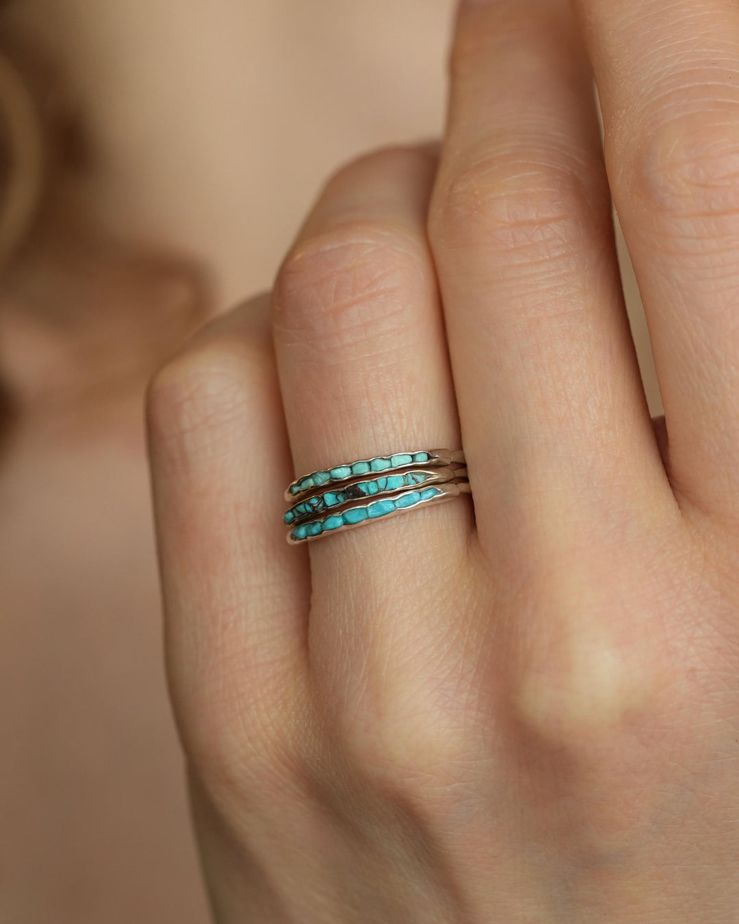 3 Raw Turquoise Ring Stack. Rustic Solid Gold or Silver Uncut Turquoise Skinny Slim Dainty Stacking Ring Set