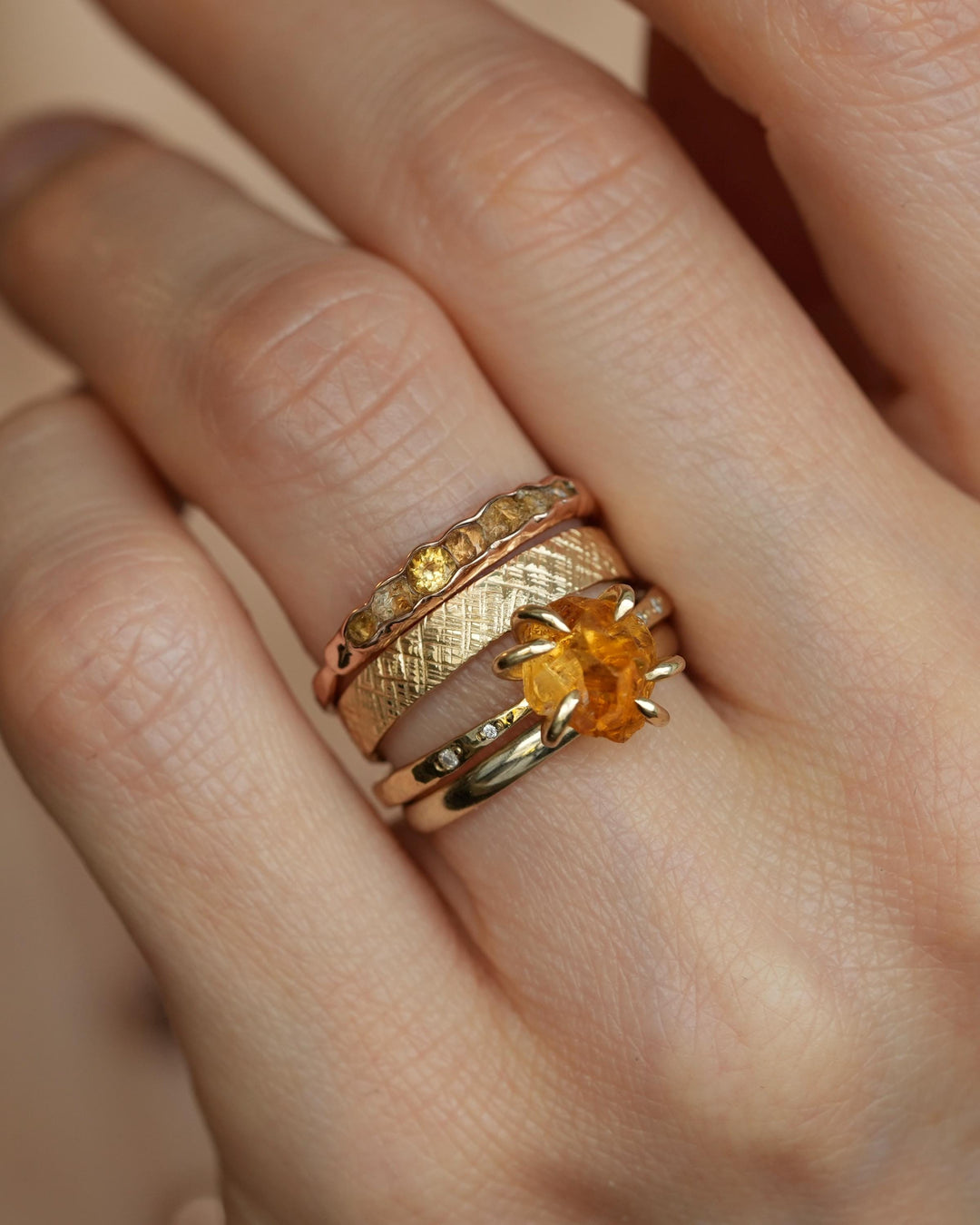 Raw Citrine Crystal and Diamond Ring