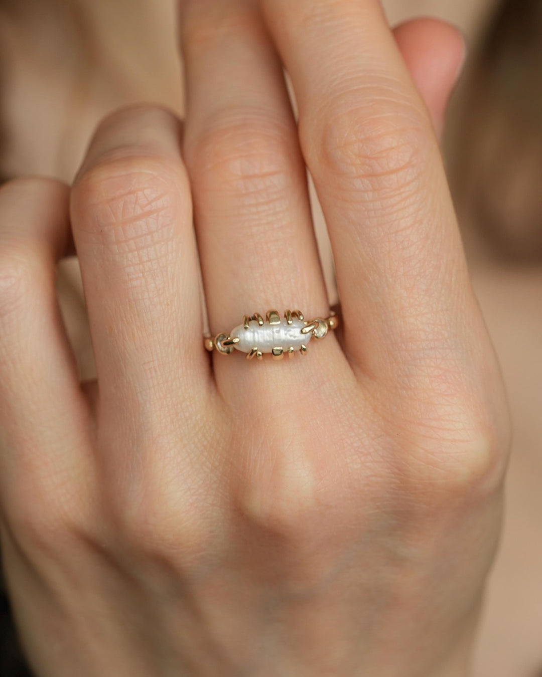 Biwa White Pearl and Diamond Ring