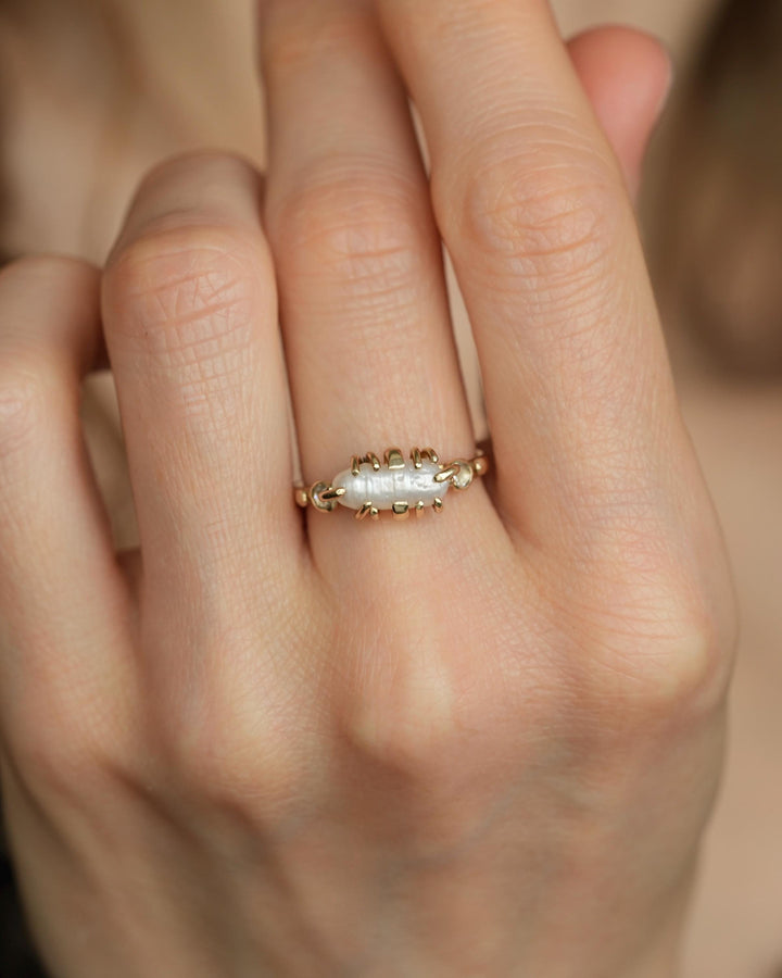 Biwa White Pearl and Diamond Ring
