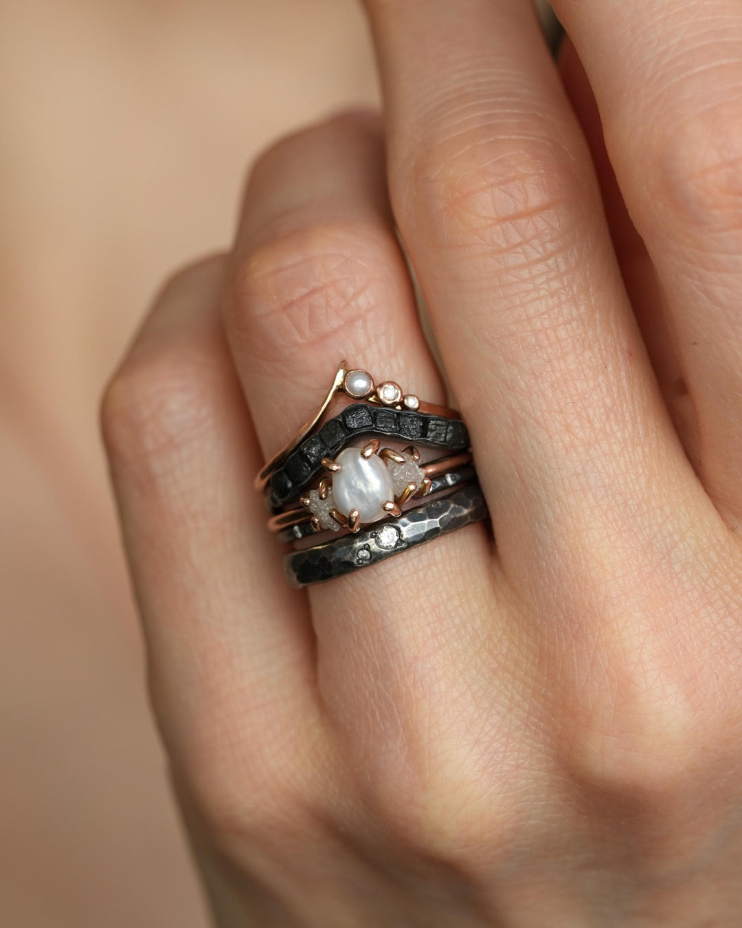 Asymmetrical Dainty Pearl Wave Ring