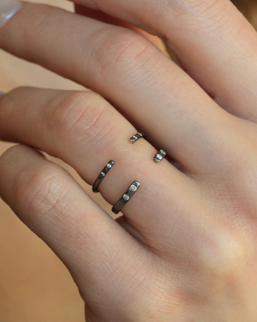 Wide Adjustable Diamond Spacer Ring. Rustic Solid Gold or Silver Adjustable Natural Diamond Unique Wedding Stacking Band